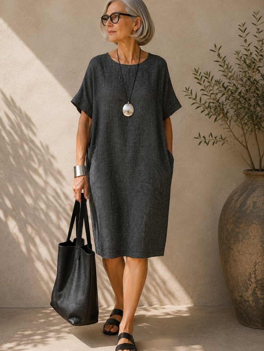 Eileen Fisher Black White Textured Linen Bateau Neck Shift Dress Size M